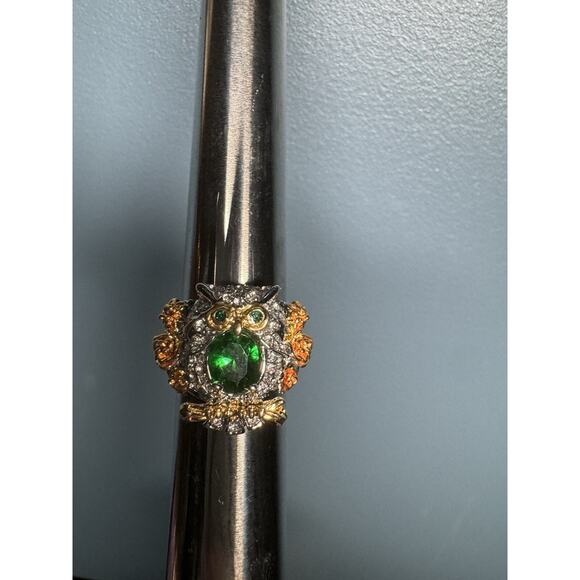 Chunky Owl Ring Size 8.5 Green Stone &‎ Rhinestones Sparkly Two Tone Metal - Picture 5 of 12